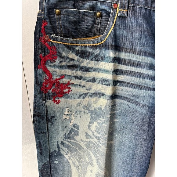 Vintage China rare factory distressed Jeans embroidered button dragon size 40 - Picture 10 of 16
